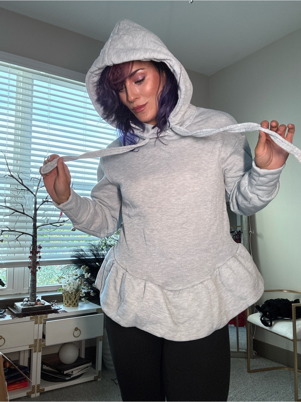 Anime style ruffle hoodie with black bell bottom leggings outfit set